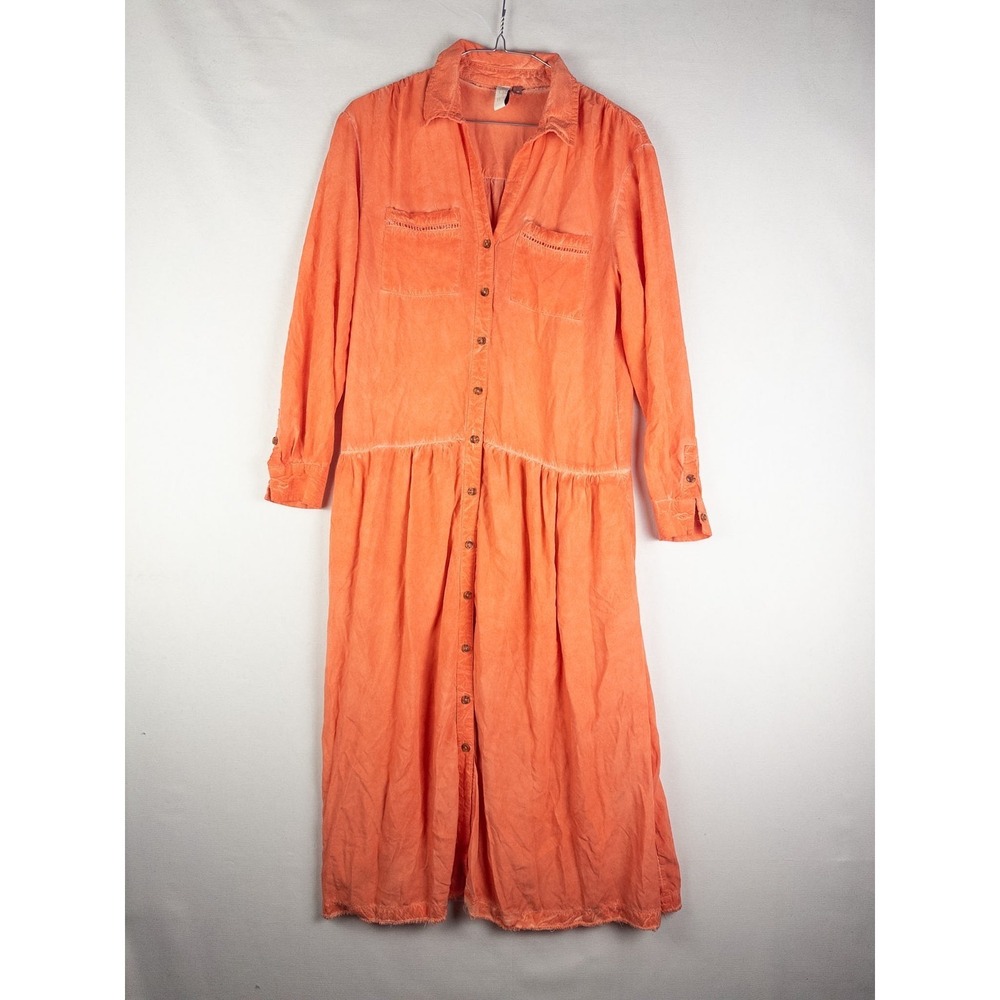 Pilcro Anthropologie Shirt Dress Womens XS Orange Button Tiered Midi